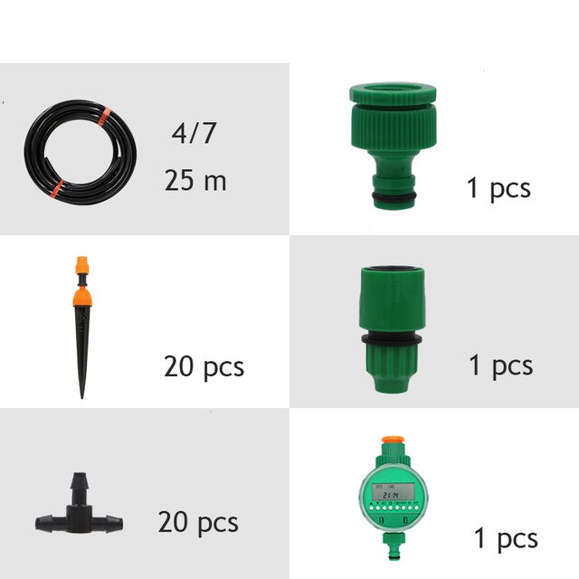Micro Drip Plant Watering Kit DIY Garden Irrigation Mist Cooling System with Adjustable Nozzles and Water Timer Package: 25M and Timer