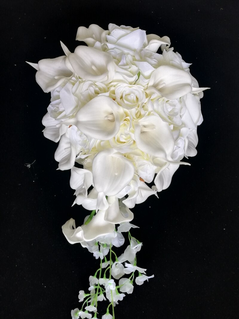 Cascading Wedding Flowers Bride Bouquet White Roses Artificial Pearls Calla Lilies Wedding Decoration: Without Rhinestone
