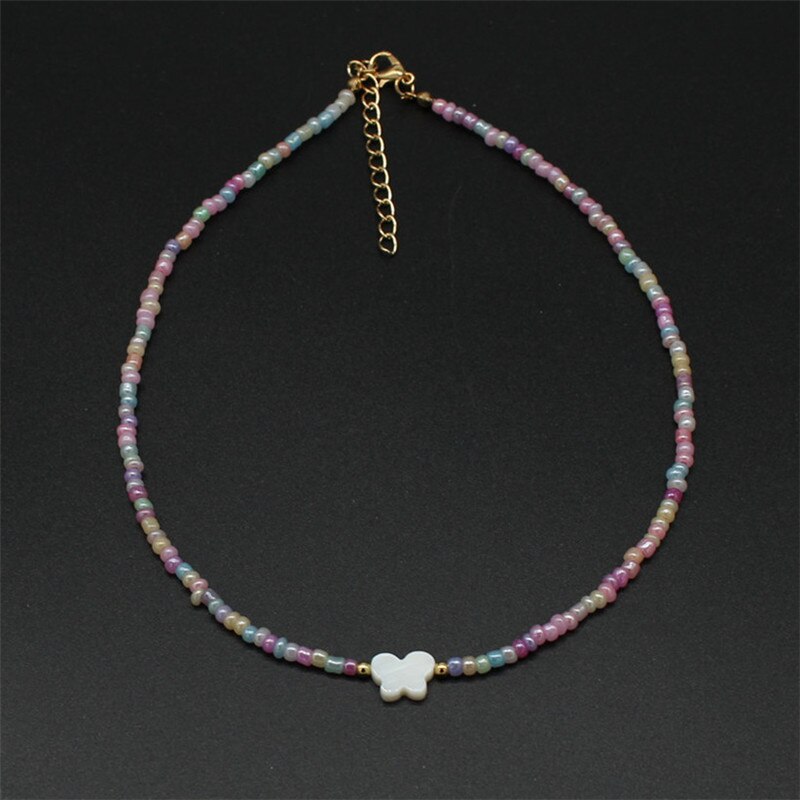 Colorful Beads Choker Women Shiny Pearl Shell Butterfly Pendant Necklace Double Layer Clavicle Chain Jewelry Accessories: 8