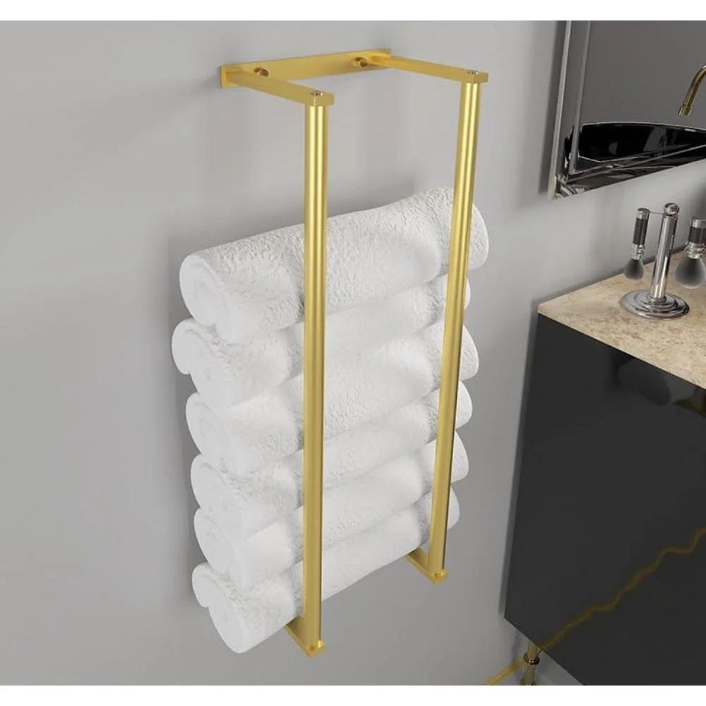 Porte-serviettes de salle de bain pour serviettes roulées, support de rangement mural pour l'organisation de la salle de bain, rangement de serviettes en acier inoxydable: Or