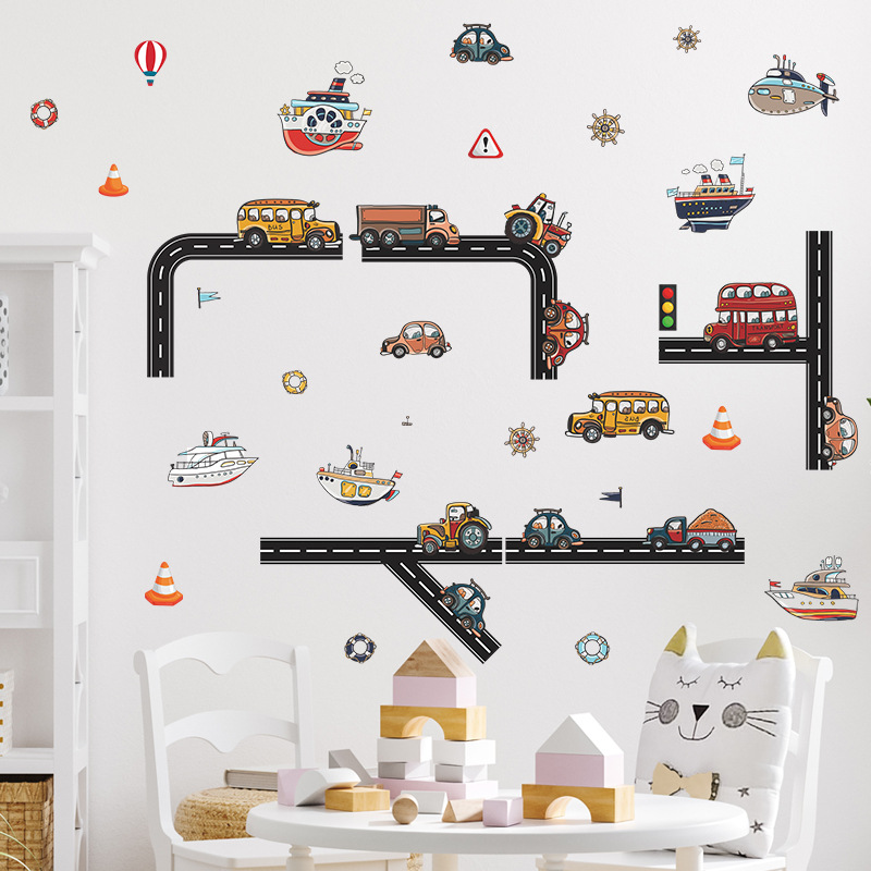 Cartoon Road Car Bus Ship Traffic Removable Wall Stickers PVC Decals Mural Home Decor Art for Kids Nursery Baby Boy Room Posters