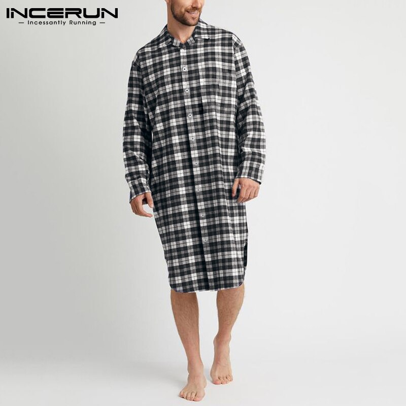 Men Plaid Robes Comfortable Turn Down Collar Long Sleeve Bathrobes Loose Leisure Button Men Dressing Gown Homewear S-5XL INCERUN