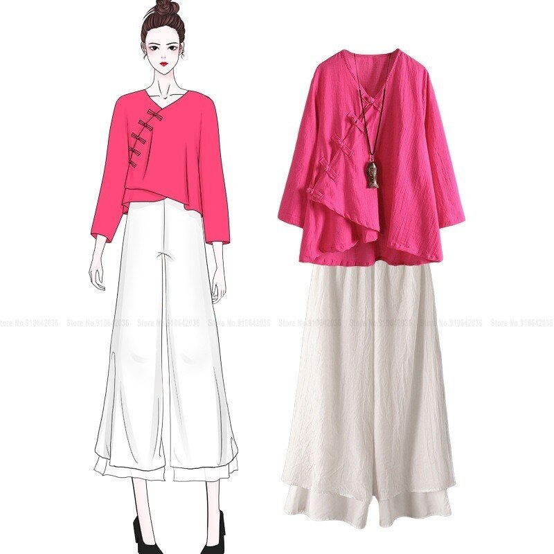 Women Chinese Traditional Retro Style Qipao Tops Pants Wide Leg Trousers Zen Tea Vintage Cheongsam T-shirt Tang Suit Hanfu Set