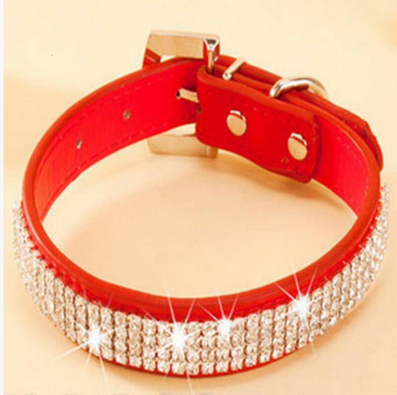 Bling rhinestone pu lær krystall diamant valp krage kjæledyr hundehalsbånd rosa rød