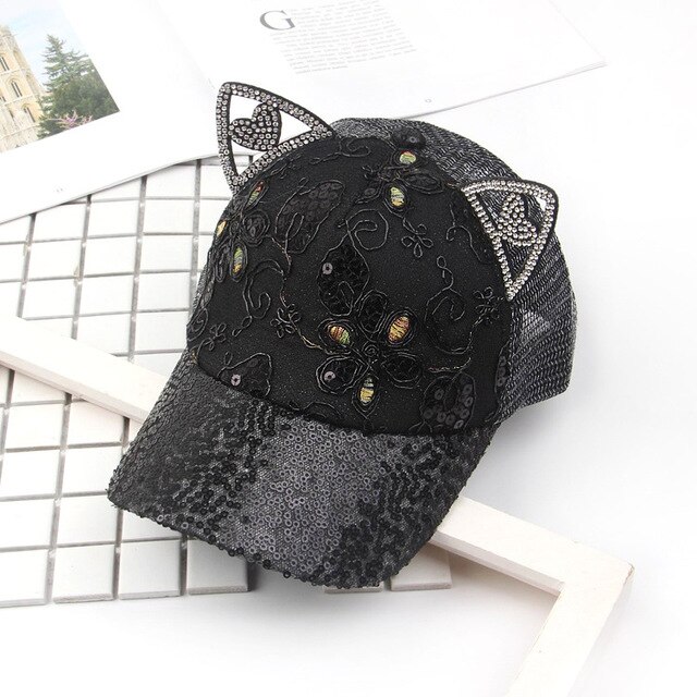 Gorra de béisbol con orejas de gato para niños, gorro de béisbol con orejas chica, visera con lentejuelas, temporada primavera