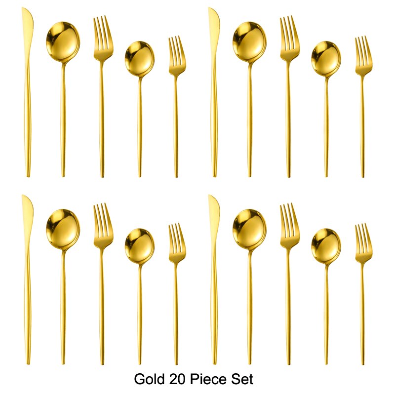 20 pièces or noir ensemble de couverts ensemble de vaisselle 18/10 acier inoxydable couteau Dessert fourchette cuillère vaisselle argenterie directe: Gold