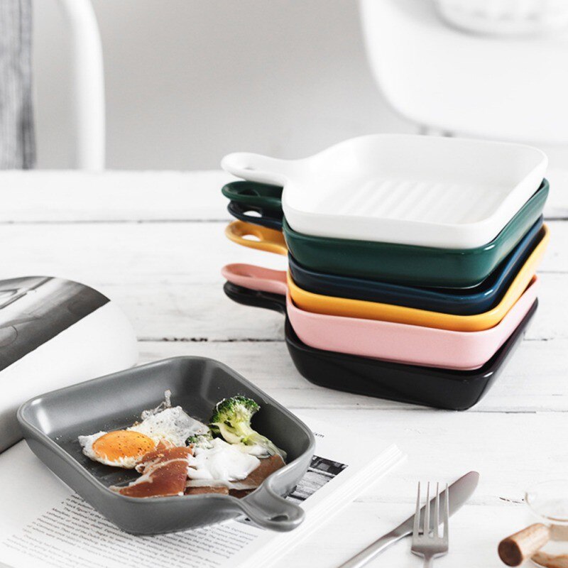 Solidt håndtag keramisk plade rund firkantet uregelmæssig glasur porcelæn bageplade western bøf bakke dessert retter plade