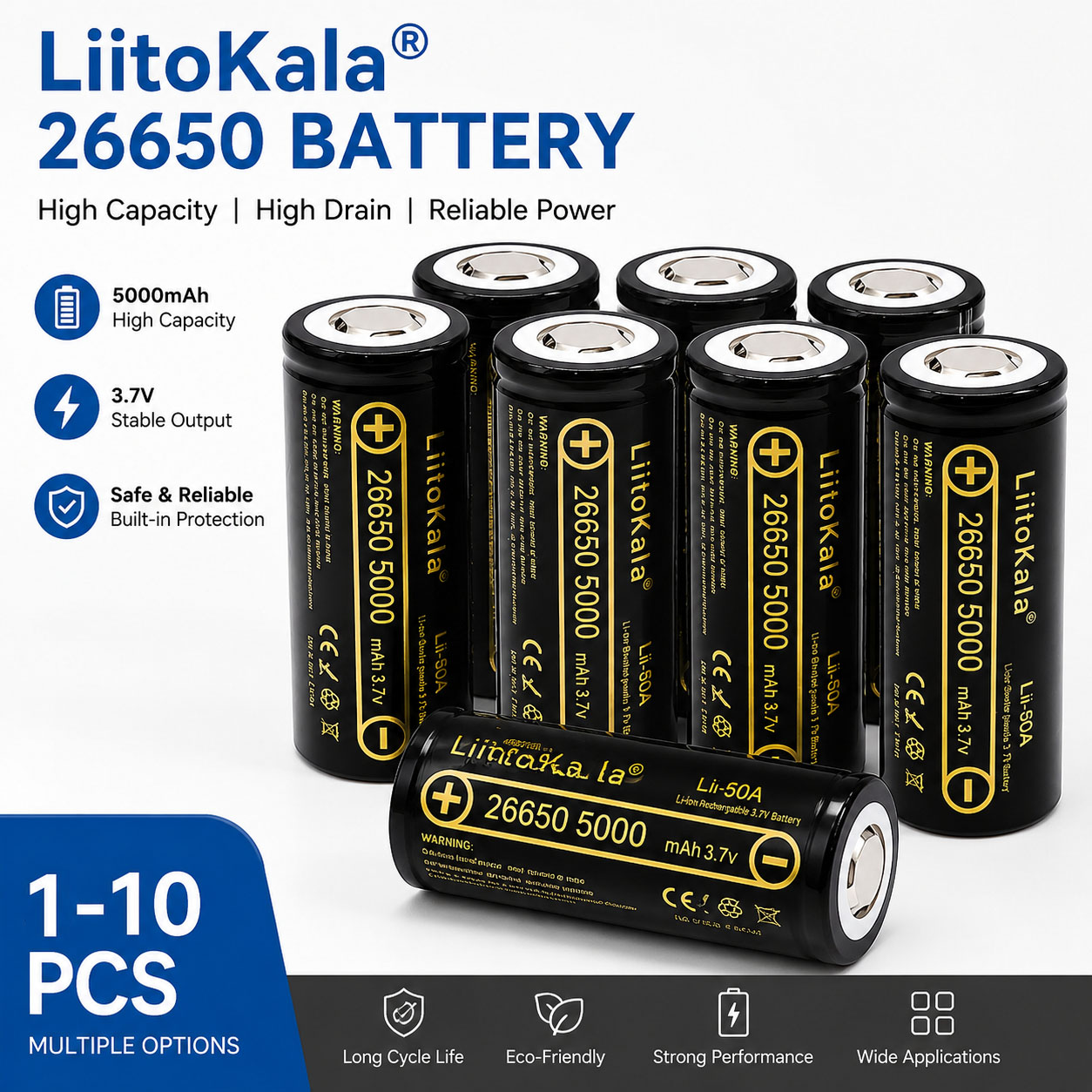 1-10pcs LiitoKala Lii-50A 26650 5000mAh High Capacity 3.7V Lithium Battery For Flashlight Li-ion Rechargeable Battery 26650-50A