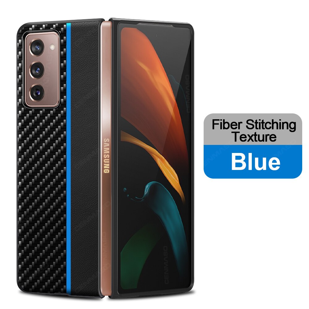 per Samsung galassia Z piega 2 Caso Ebaicase Originale in Fibra di Carbonio struttura con Il Supporto di Cuoio Della Copertura Posteriore per La Galassia Z piega 2 Caso: Splicing blu