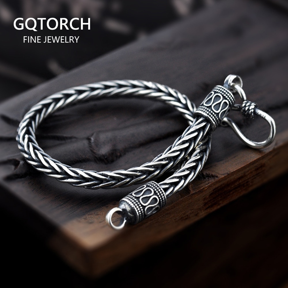 Vintage Real Pure 925 Sterling Silver Handmade Braided Chain Bracelet For Men Jewelry Mens Bracelets