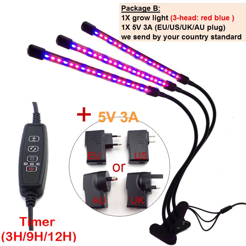 Luces LED para cultivo de plantas, iluminación con temporizador USB de 2/3/4 cabezales, adaptador de 5V para invernadero de interior, cultivo de flores, lámpara Phyto growbox: B package 3 head