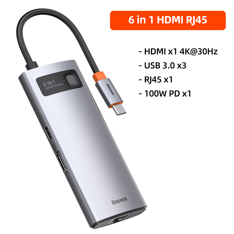 Baseus USB C HUB Multi HUB Ethernet Network PD 100W Type C Docking Station Splitter HDMI-Compatible USB 3.0 Adapter For Macbook: Space Grey