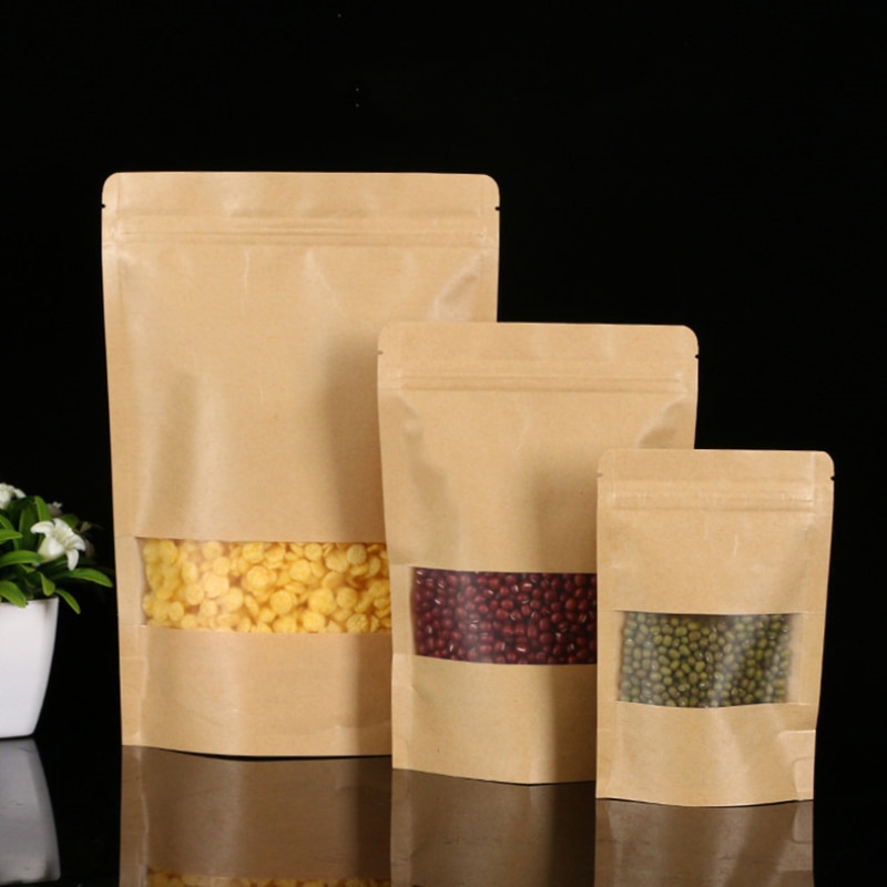 100pcs/set Packing Zip lock Kraft Paper Window Bag Stand up Dried Food Fruit Tea packaging Pouches Zipper Self Sealing Bags