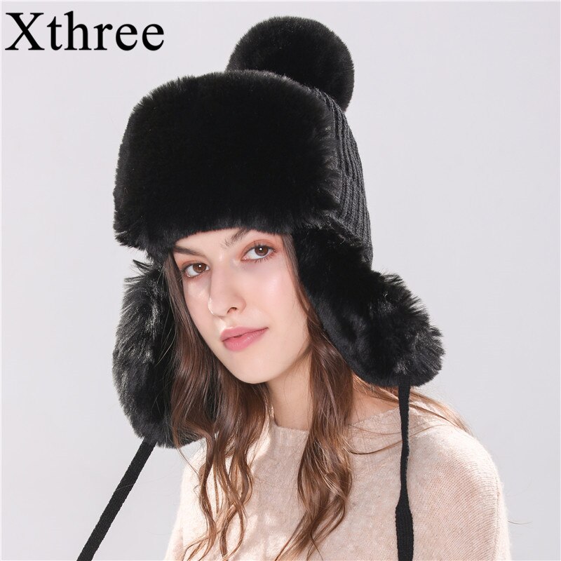 Xthree bomber hatte vinter damehue varm kitted hat med øreklap i imiteret pels trapper cap med pom pom