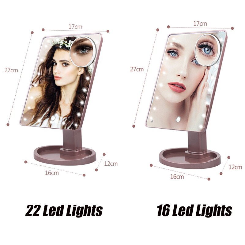LED Touch Screen Makeup Mirror Vanity 16 LED Lights Beauty Adjustable Countertop 22 Led Rotating Battery USB Charge