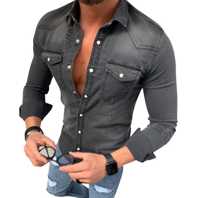 Menn vask denim jeans skjorte høst lange ermer skjorte casual slim denim topper eu str.: Grå / Asiatisk størrelse xxxl