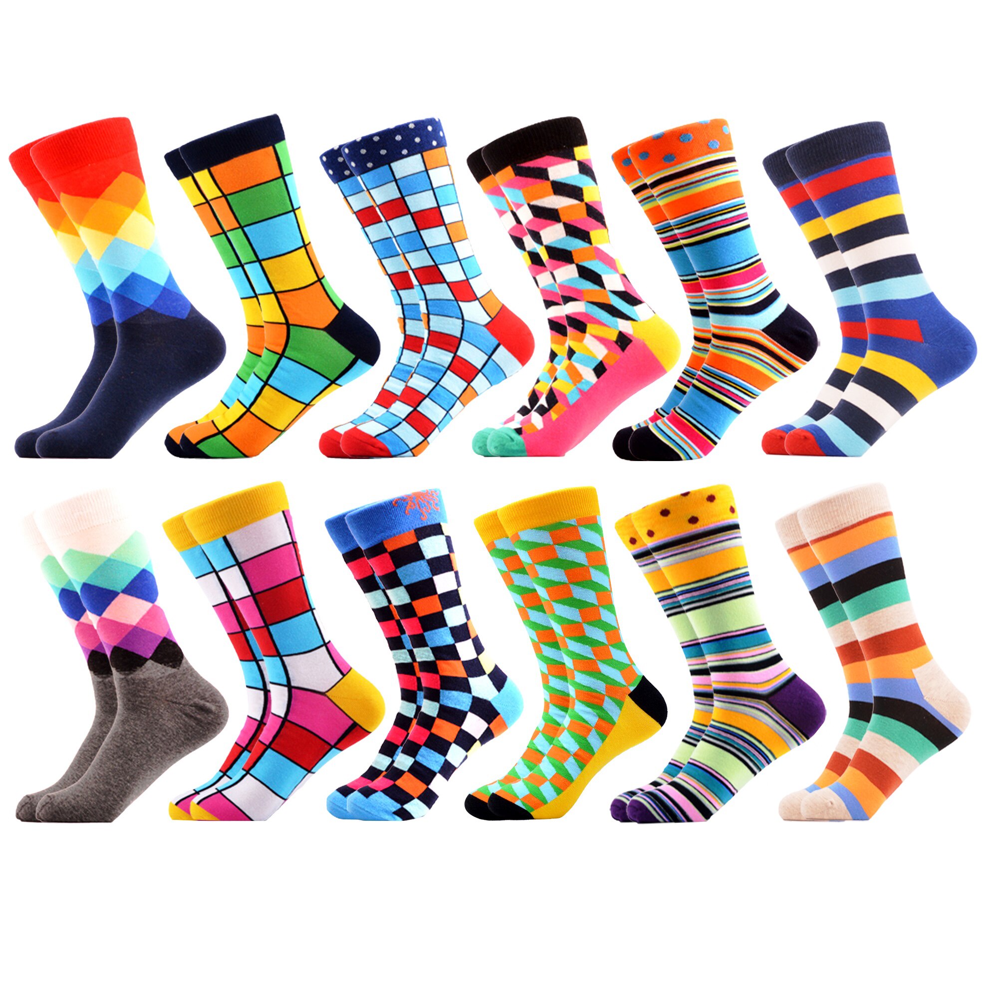 SANZETTI-chaussettes pour hommes, style Hip Hop, en coton peigné, haute couleur, nouveauté, Skateboard, motif géométrique, motif Harajuku,: 06629 (12 pairs)