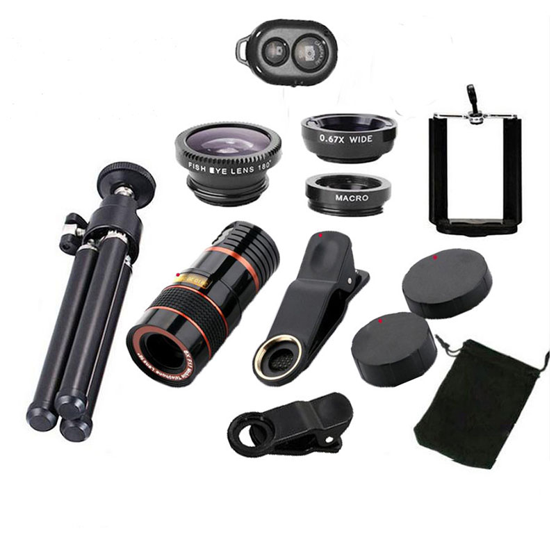 Girlwoman 10 in 1 Kits 12x Zoom Telephoto Lens Fish eye Lens Wide Angle Macro Lenses Cell Phone Mobile Tripod for xiaomi redmi: Black