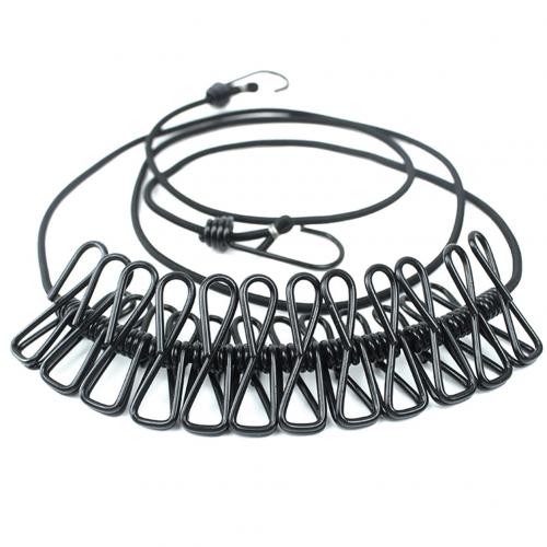 180cm elastiske udendørs tøjsnor bukser vasketøj tørre bøjle reb med 12 clips udendørs camping tørre tøj bøjle rack line: Sort