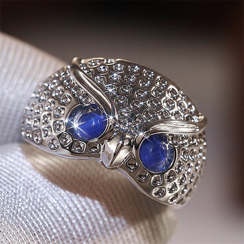 Bague de hibou en strass, yeux bleus, Style Simple, fille, femme, populaire, hommes, bijoux réglables