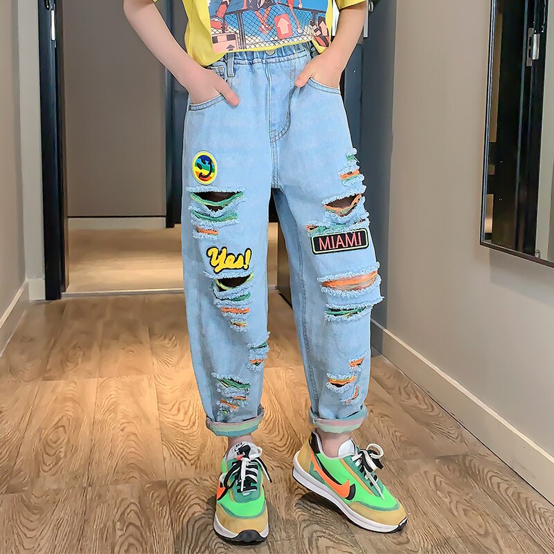 Couleur d'été déchiré pantalon 3-13 ans vêtements pour enfants pour fille taille élastique régulière décontracté filles jean lettre pantalon