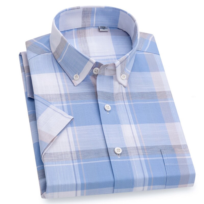 Pure Cotton Plaid Shirts For Men Short Sleeve Checkered Shirts Male Cool Summer Breathable with Pocket