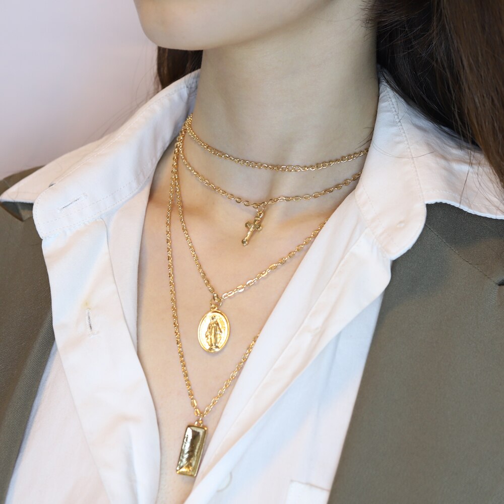 Punk Felsen Jahrgang mehrschichtig Anhänger Halskette Frauen Gold Farbe Perlen Kreuz Halsband Halsketten Kumpel Hüfte hüpfen Schmuck Neue