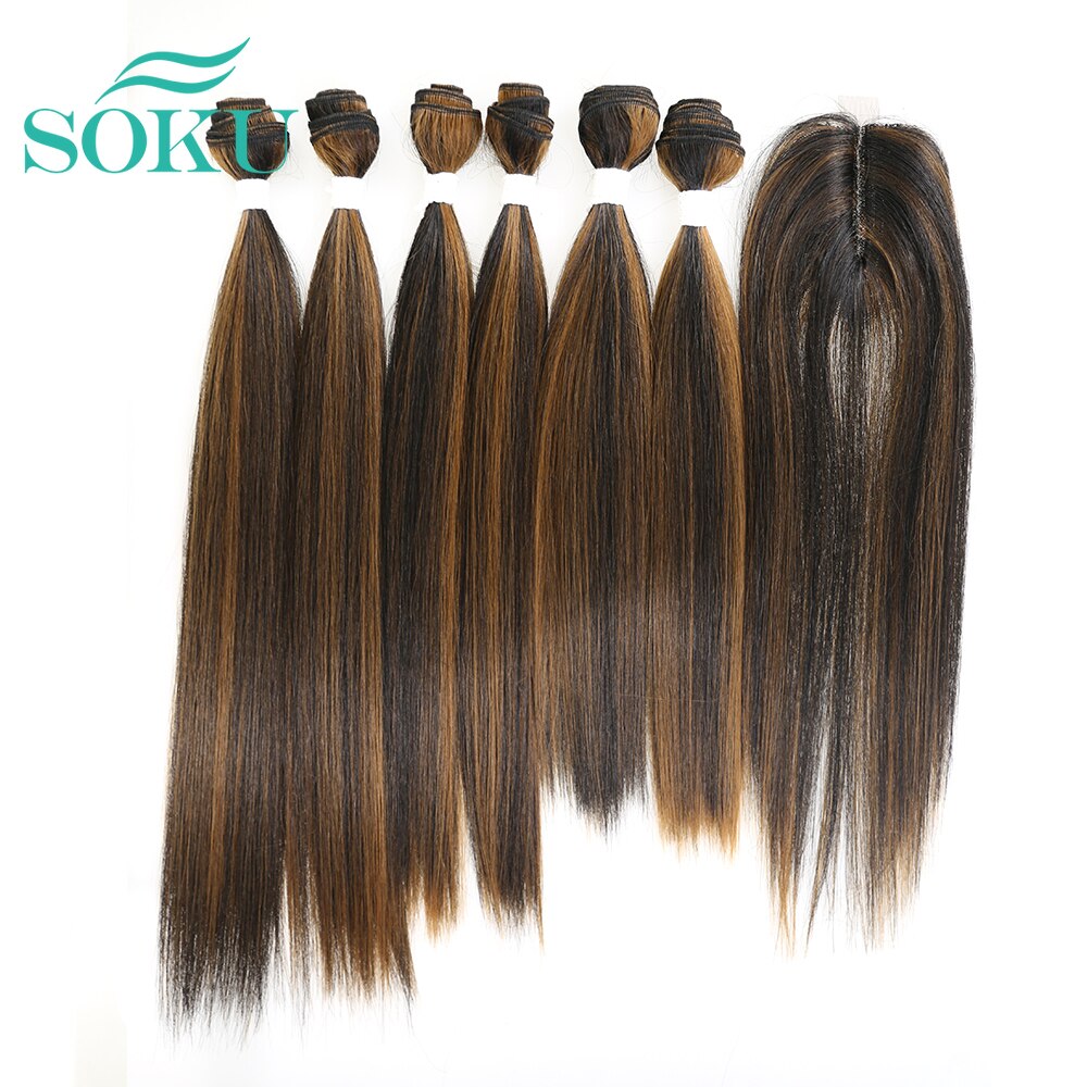 Soku Rood Haar Bundels Met Sluiting 14-18Inch Synthetisch Haar Bundels Met Vetersluiting Yaki Steil Haar Weave extensions