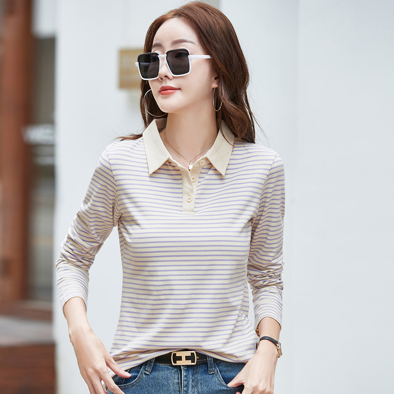 Spring Long Sleeve Striped Polo Shirt Women Cotton Stretch Summer Autumn Knitted Polo T-shirt For Women