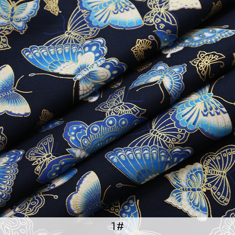 Bronze trykt bomuldsstof blå japansk stil sommerfuglemønster stof til kimono diy håndlavet tilbehør håndværk  tj0451: 1 / 45 x 145cm (0.5 yards)