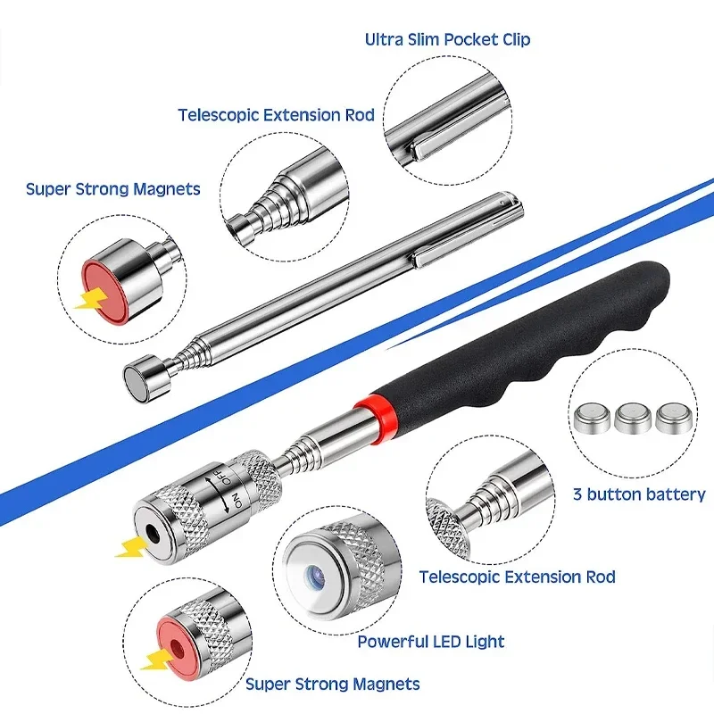Bolígrafo magnético telescópico, herramienta práctica portátil para metalurgia, capacidad magnética para recoger tuercas, perno, varilla de recogida ajustable