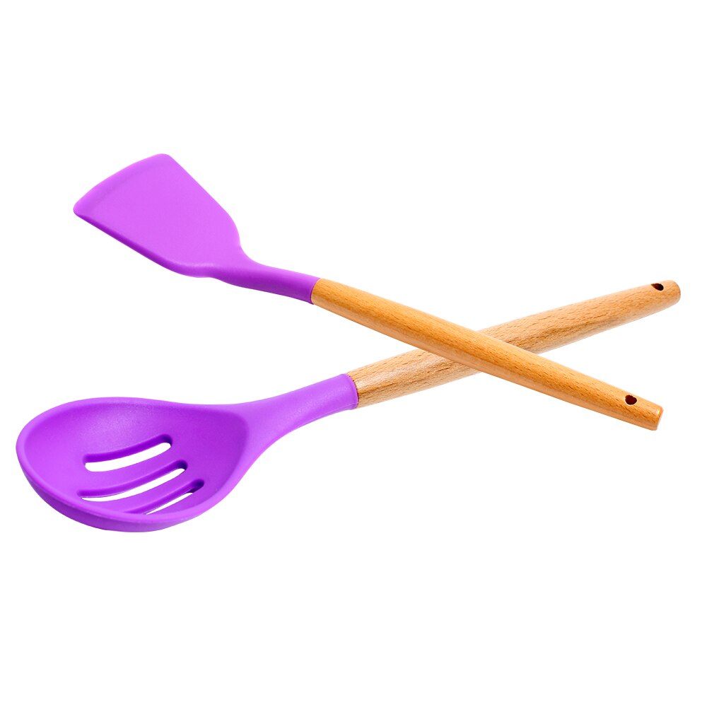 12PCS Silicone Turner Set Wooden Handle Non-stick Cooking Spatula Shovel Kit Kitchen Utensil with Bucket Baking Tools Cookware