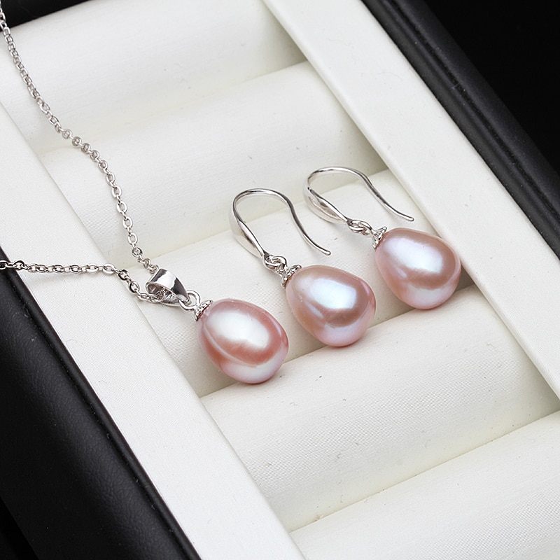 Pearl Jewelry Set Multi colour Freshwater Pearl Necklace Earrings 925 Sterling Silver Jewelry Set For Women: purple pearl set