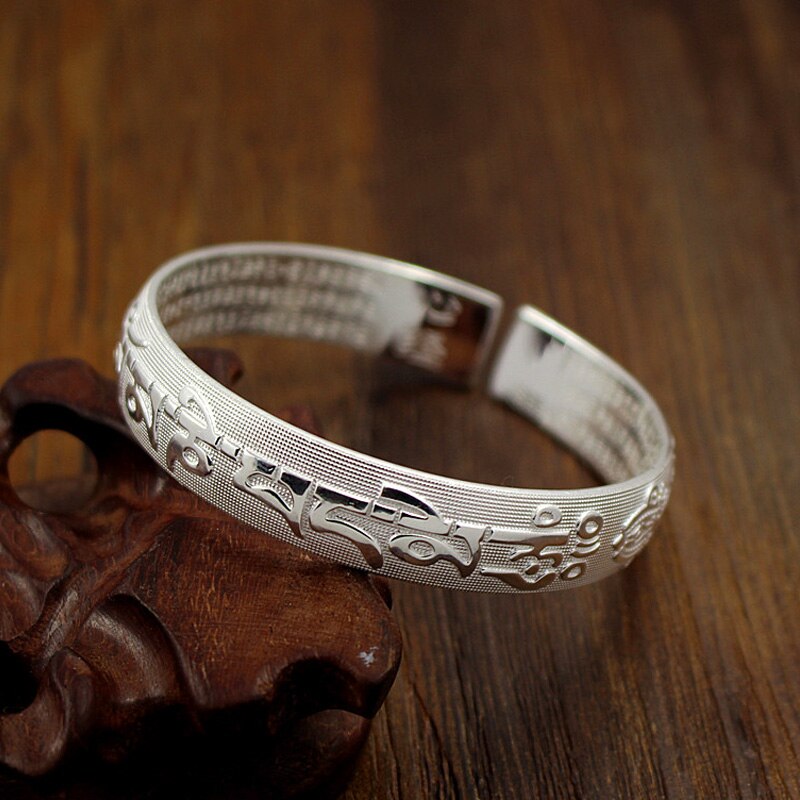 Vintage Verzilverde Manchetknopen Mantra Armband Mannen/Vrouwen Hart Sutra Bangle Lotus Bloem Armband Tibetaans Boeddhisme Etnische Sieraden: White letter-2