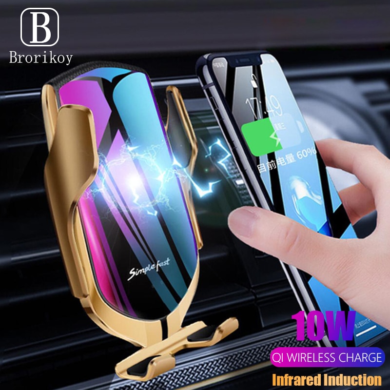 Cargador inalámbrico Qi para coche, soporte de carga rápida para iPhone X, Xs, Max, XR, Samsung S9, S10, Note 8, 9, Clip automático con sensor infrarrojo