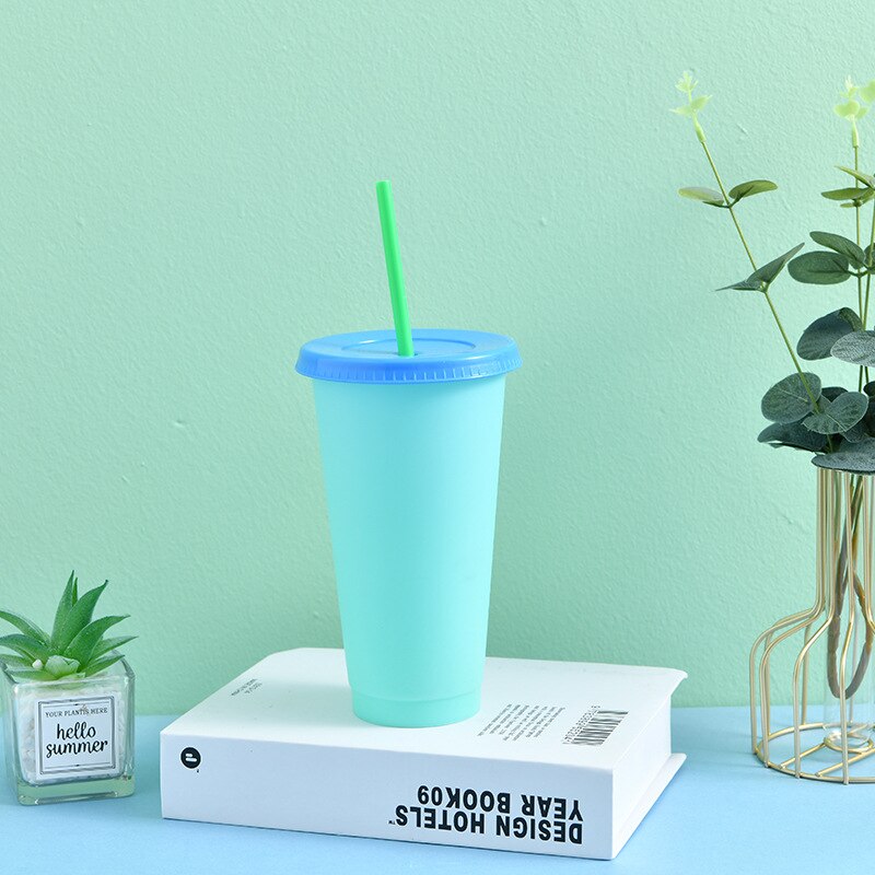 Reusable Plastic Temperature Color Changing Cold Cup Summer Magic Coffee Thermochromic Mug Water Bottles With Straws Party Cups: 7