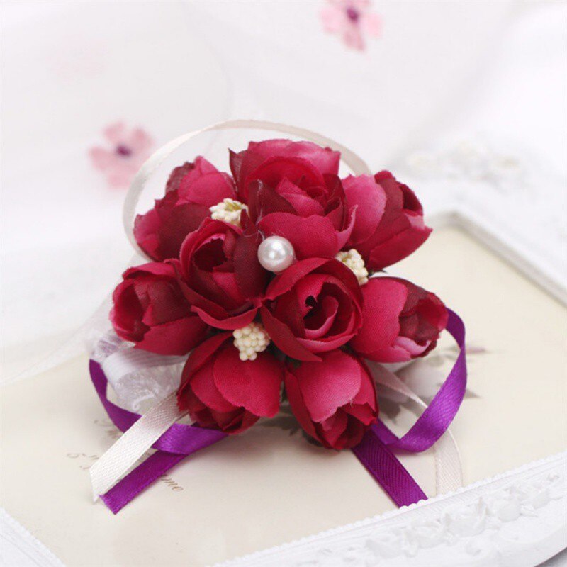 10pcs/lot Wrist Flowers Prom Wrist Flower Girls Bridesmaid Hand Flowers Wrist Corsage Bracelet Lace-up Flower Wedding Supply: E