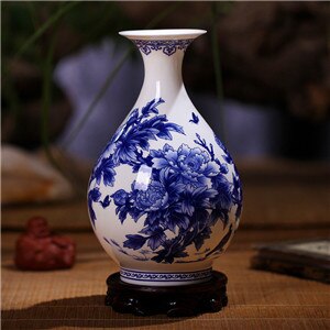Jingdezhen Blå og Hvit Porselensvase - finne Benporselensvase med Peon - Keramikkvase: E