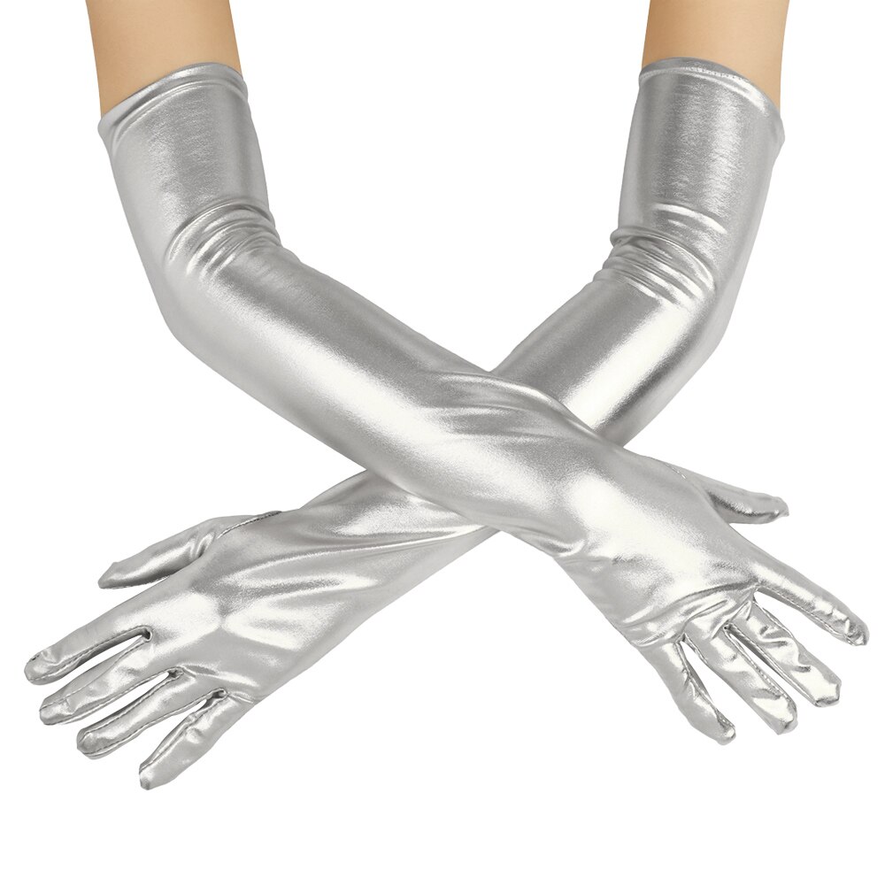 Gant Long en cuir Sexy, brillant, Punk Rock Hip Hop mitaines, Jazz Disco gants lumineux, Bar Cosplay Costumes accessoires 1 pièce: silver
