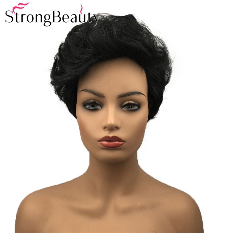 StrongBeauty Short Women Synthetic Capless Wig Pixie Cut Hair Asymmetrical Side Bang Short Curly Wigs: 1