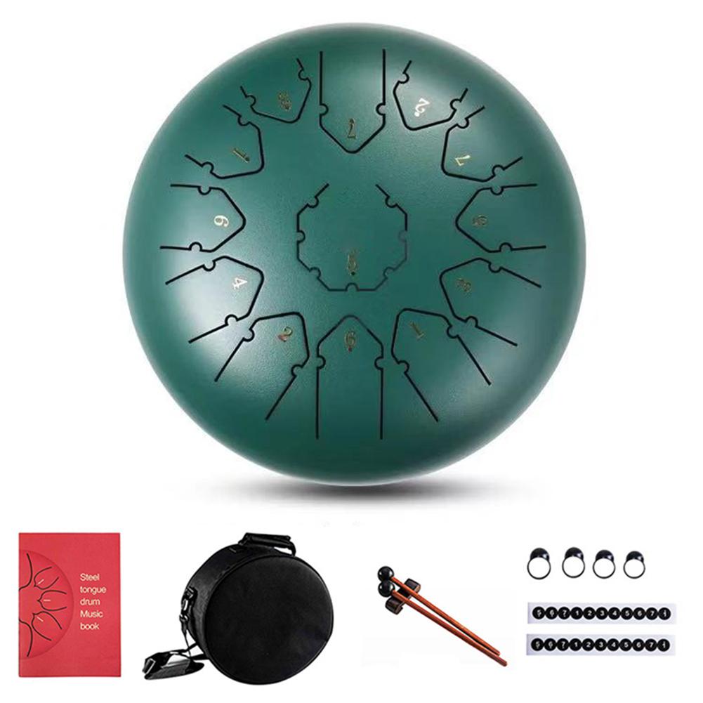 12 Inch 13 Note Steel Tongue Drums Percussion Music Instruments Hand Tank Drum With A Carry Bag Drumsticks Handpan: Green