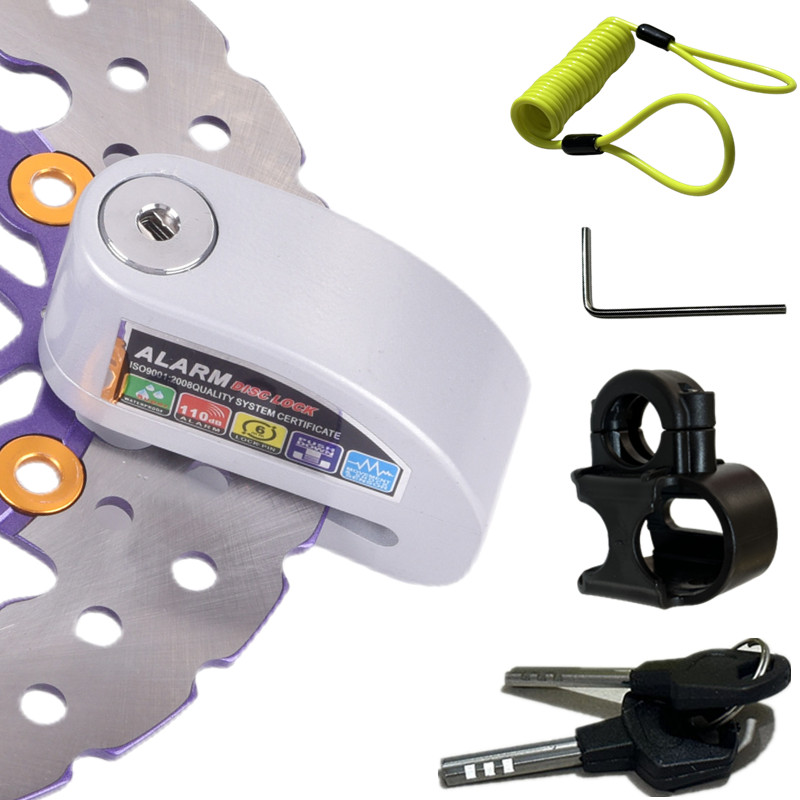 Blocco allarme moto impermeabile Blocco antifurto di sicurezza per scooter bici Blocco freno a disco moto + staffa di blocco + corda promemoria: Argento
