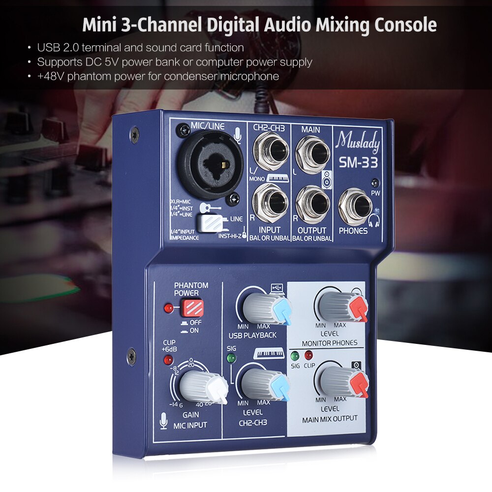Muslady SM-33 Mini 3-Channel Sound Card Mixing Console Digital Audio Mixer Supports 5V Power Bank USB Power Supply