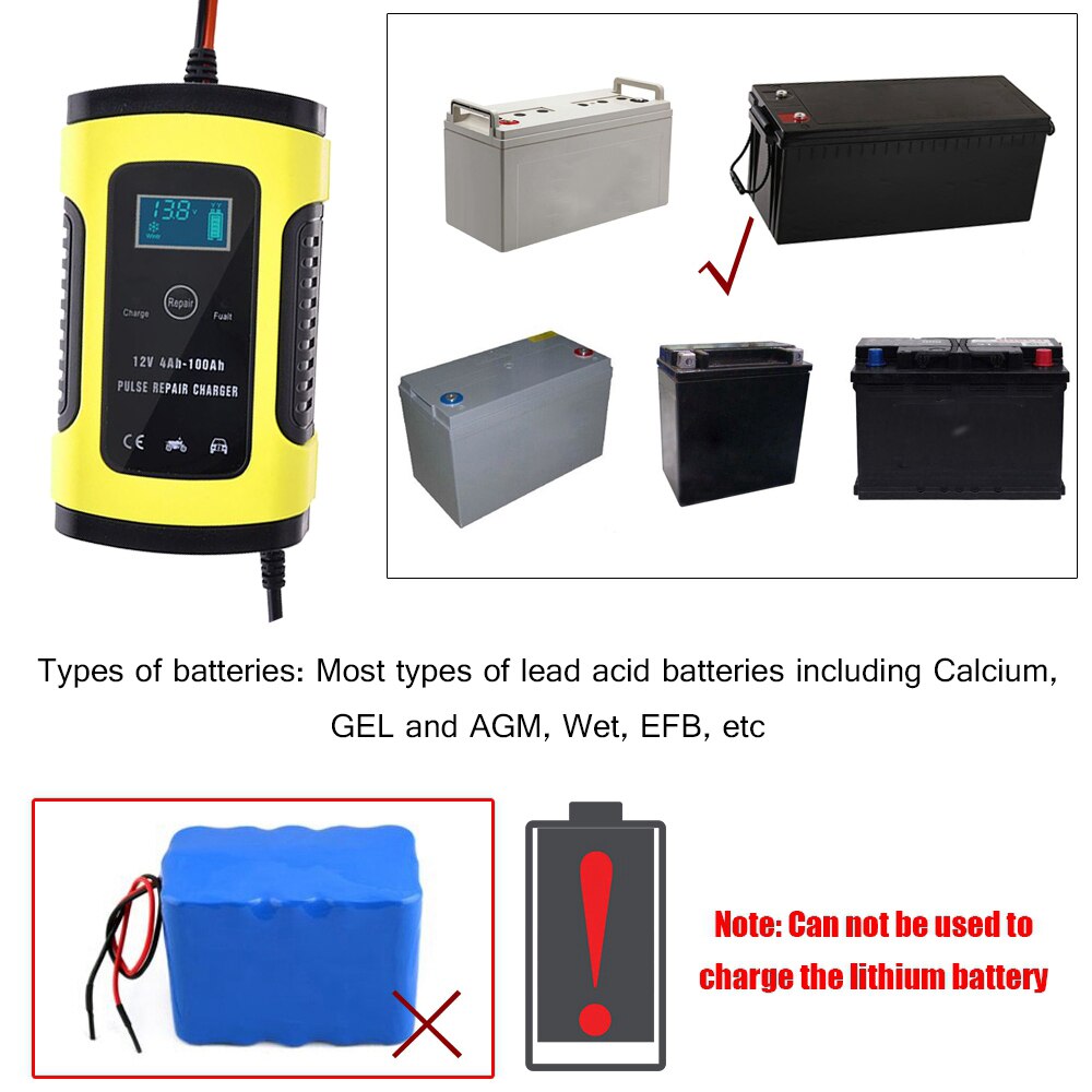 Full Automatic Car Battery Charger 110V To 220V To 12V 6A LCD Smart Fast for Auto Motorcycle Lead-Acid Batteries Charging