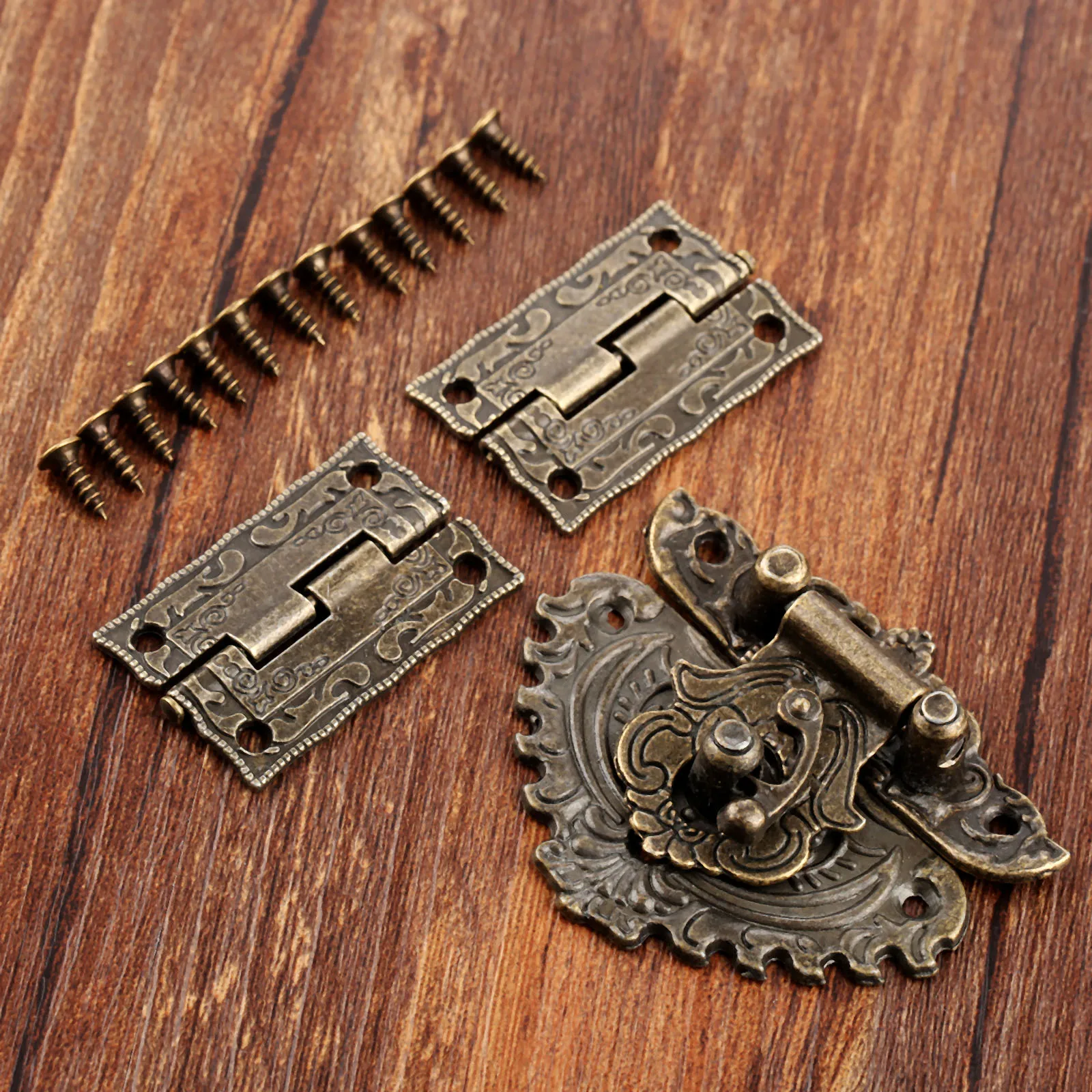 3 teile/satz Antike Bronze- Vorhängeschloss Holz Kasten verriegeln Haspe + Koffer Schrank Scharnier Möbel Dekorative Hardware- retro