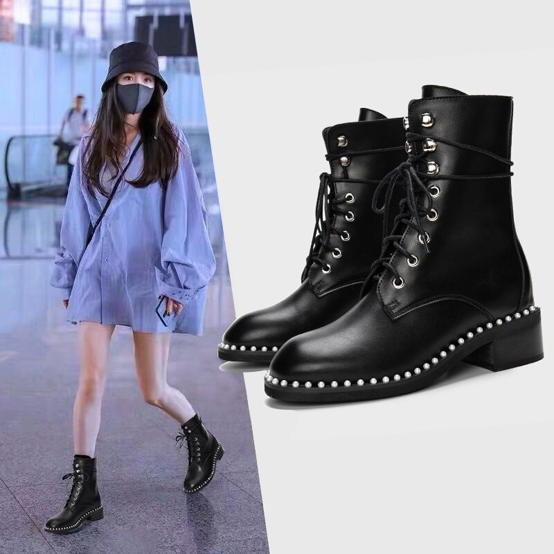 Martin Boots Female Handsome Autumn and Winter Flat-bottomed Thick-soled Locomotive British Style Pearl Short Boots Women