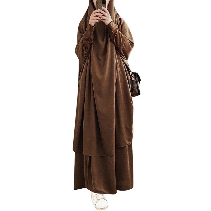 Eid hupullinen musliminaiset hijab mekko rukous vaate jilbab abaya pitkä khimar ramadan puku abayas hame setit islamilaiset vaatteet niqab: Tumman ruskea