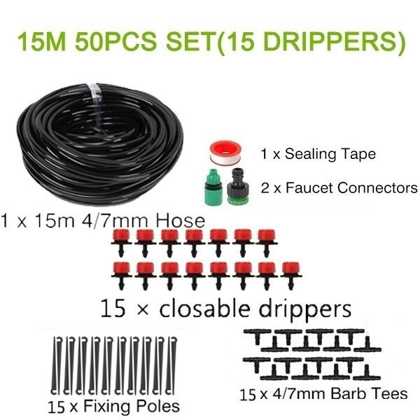 25M DIY Drip Irrigation System Automatic Watering Irrigation System Kit Garden Hose Micro Drip Watering Kits Adjustable Dripper: 15M