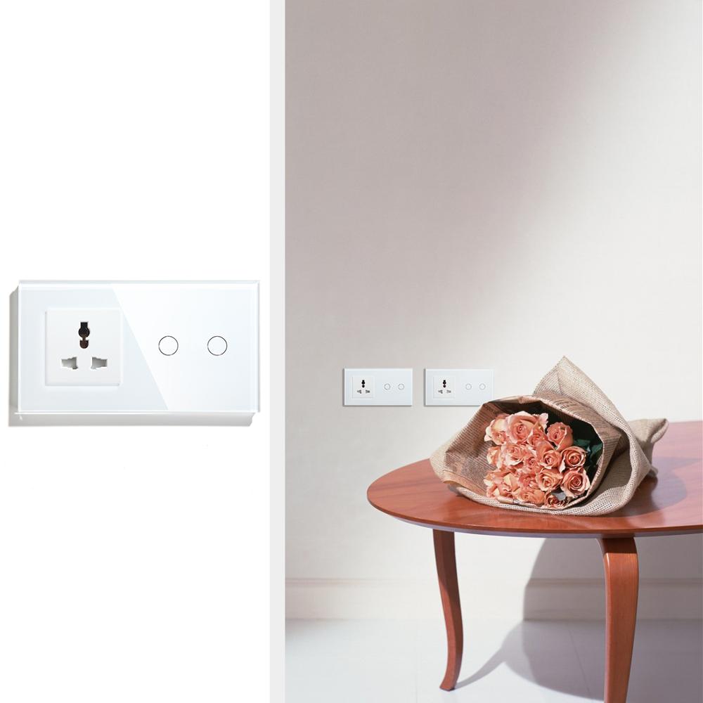 BSEED EU Touch Switch 2 Gang 1 Way 2 Way Wall Switch 157mm With Multifunction Socket Crystal Glass Panel White Black Gloden