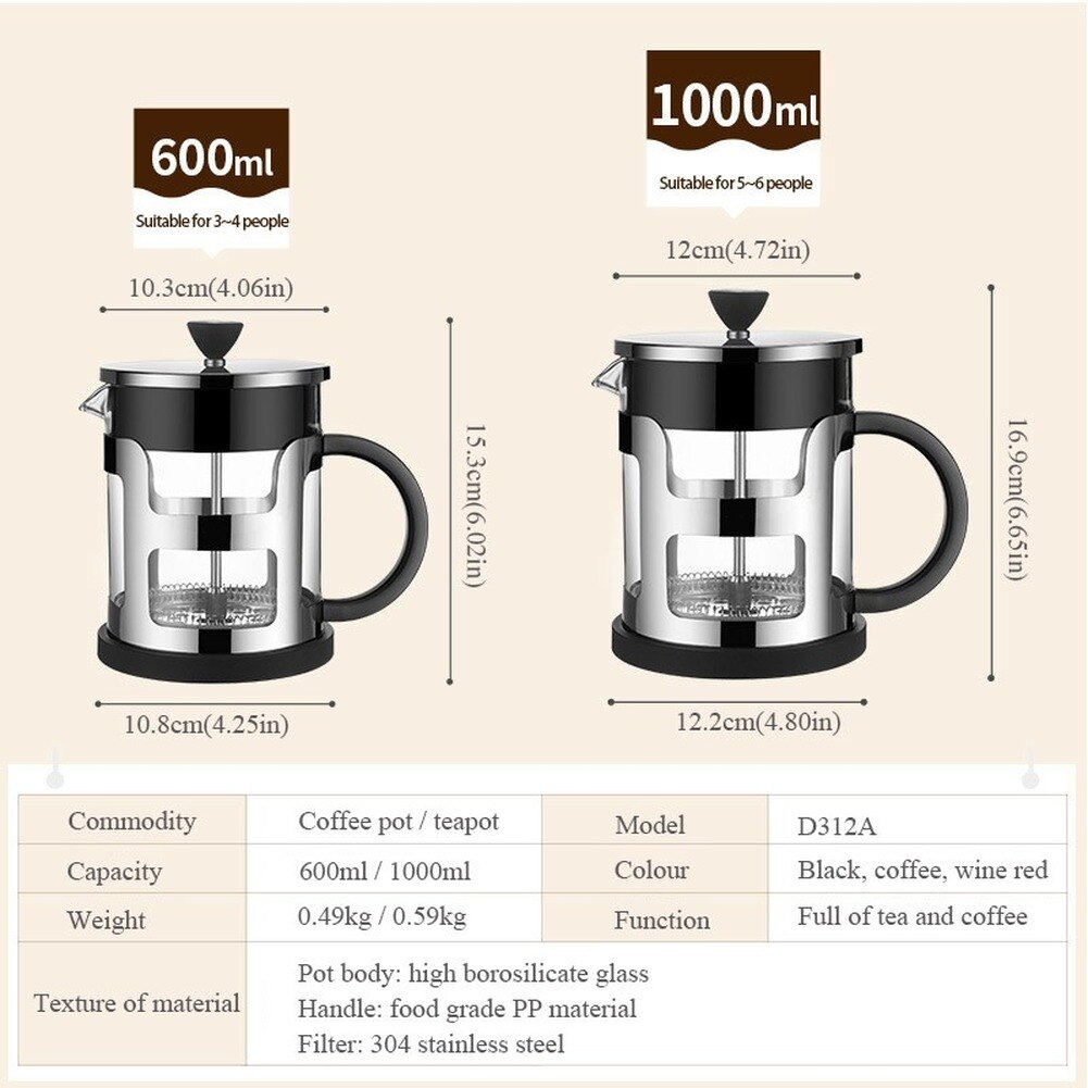 1000/600ml fransk press kaffekanna av rostfritt stål glas tekanna med te sil filter vattenkokare tekannor kaffemaskin